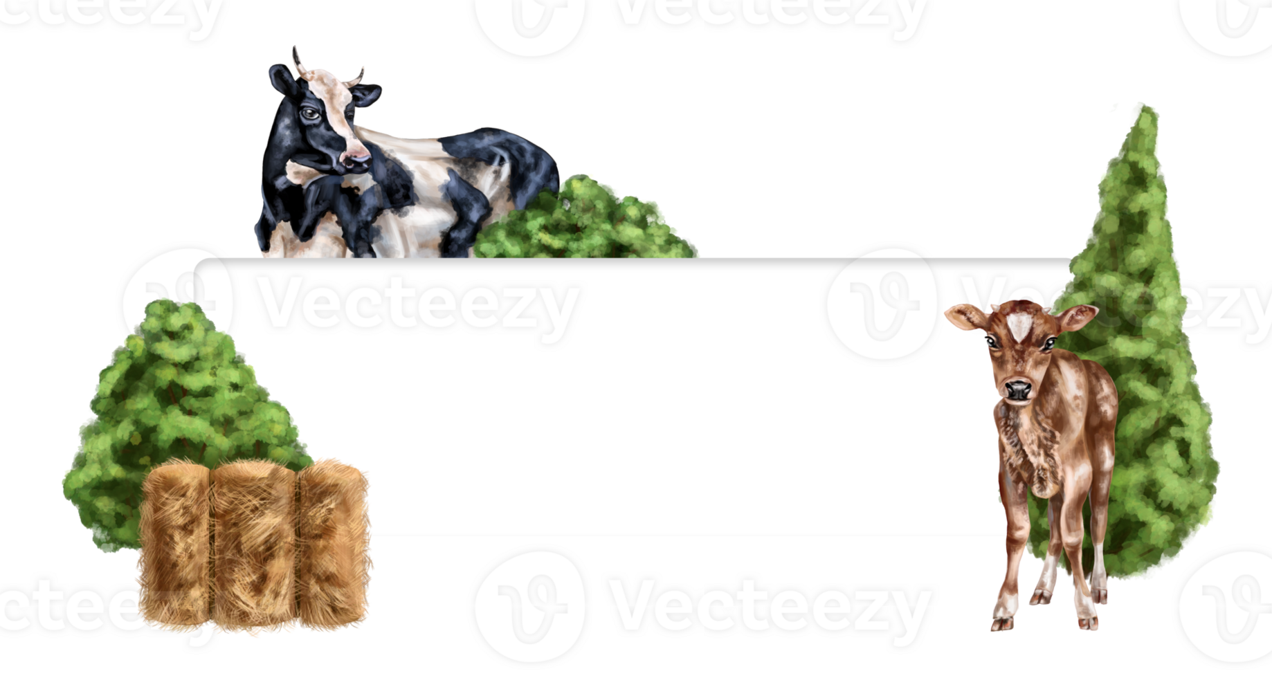 The frame of a farm composition of a cow, bull and calf among haystacks and greenery. For postcards, textiles, booklets, banners, stickers. Digital illustration png