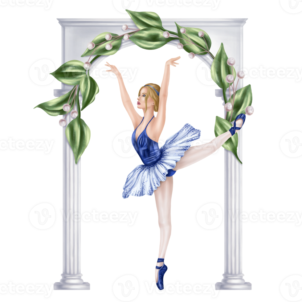 Dancing girl under a garden marble arch entwined with leaves and decorative flowers. Theatrical performance of an elegant ballerina in a blue tutu and pointe shoes. Digital isolated illustration png