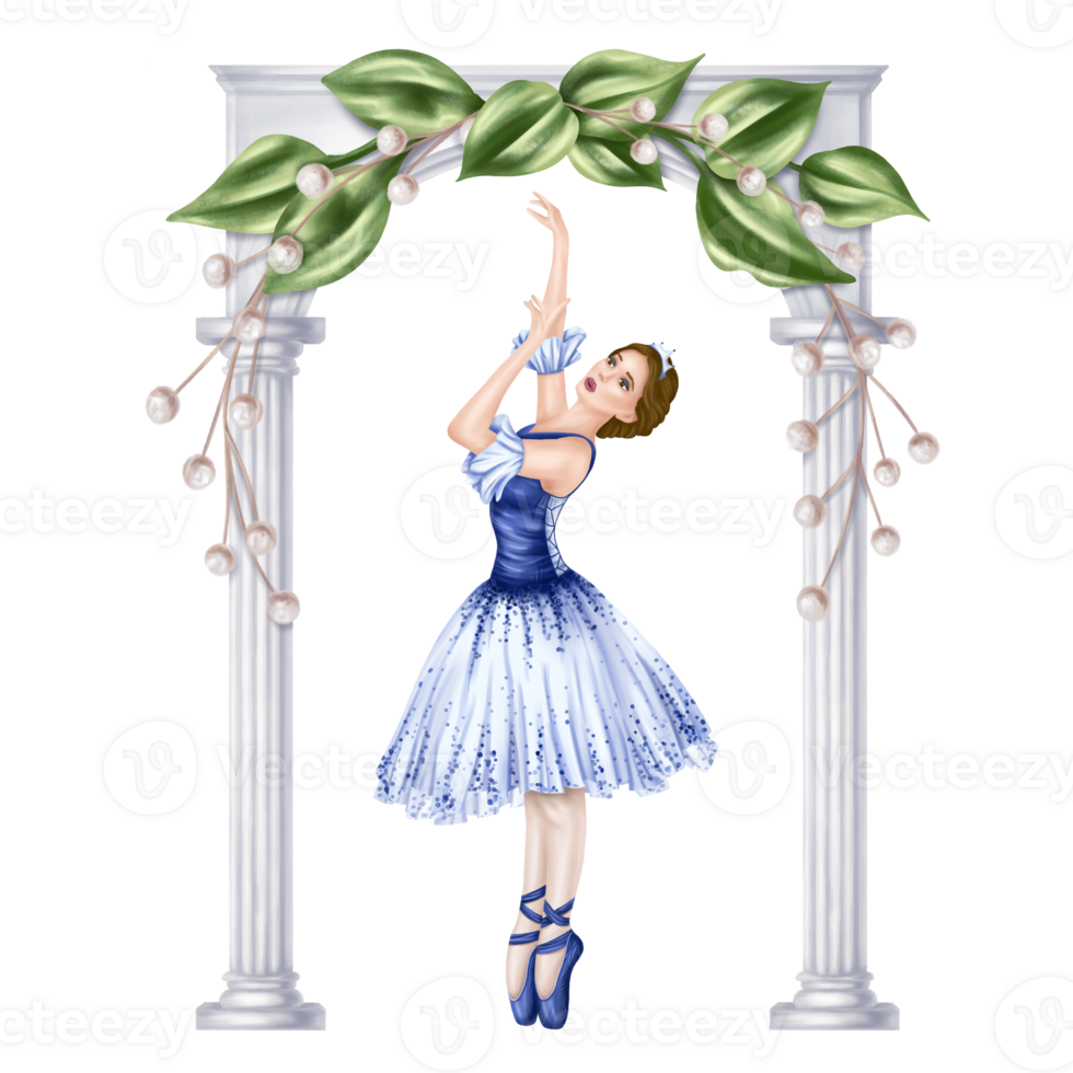 Dancing girl under a garden marble arch entwined with leaves and decorative flowers. Theatrical performance of an elegant ballerina in a blue tutu and pointe shoes. Digital isolated illustration png