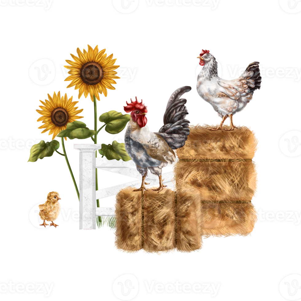 A farmer's composition of stacks of fragrant hay, colorful sunflowers, yellow chicken, chicken and rooster in a meadow. For postcards, textiles, booklets, banners, stickers. Digital illustration png