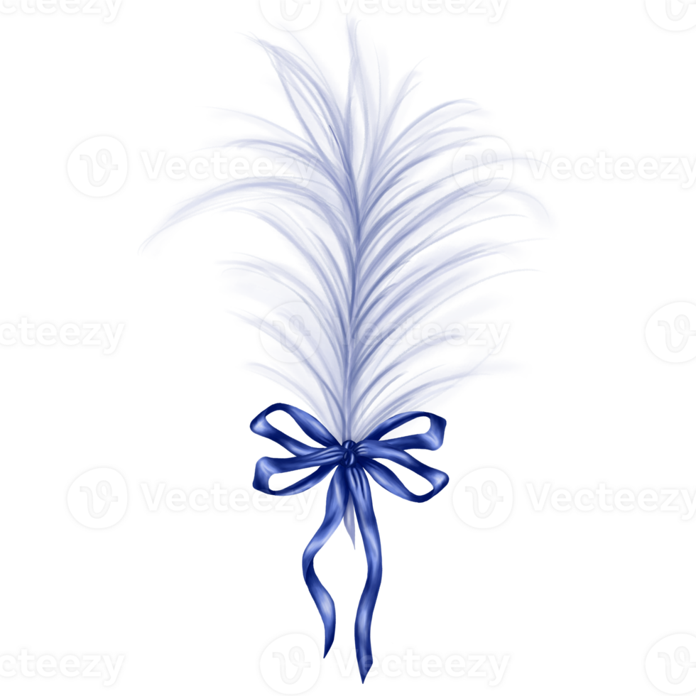 An airy composition of a light blue feather tied with a blue satin ribbon. Decorations for bouquets, boutonnieres, hats, masquerade masks, costumes. Digital illustration png
