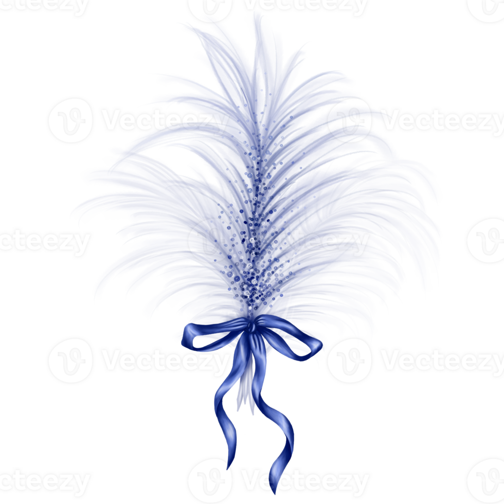 An airy composition of a light blue feather tied with a blue satin ribbon. Decorations for bouquets, boutonnieres, hats, masquerade masks, costumes. Digital illustration png