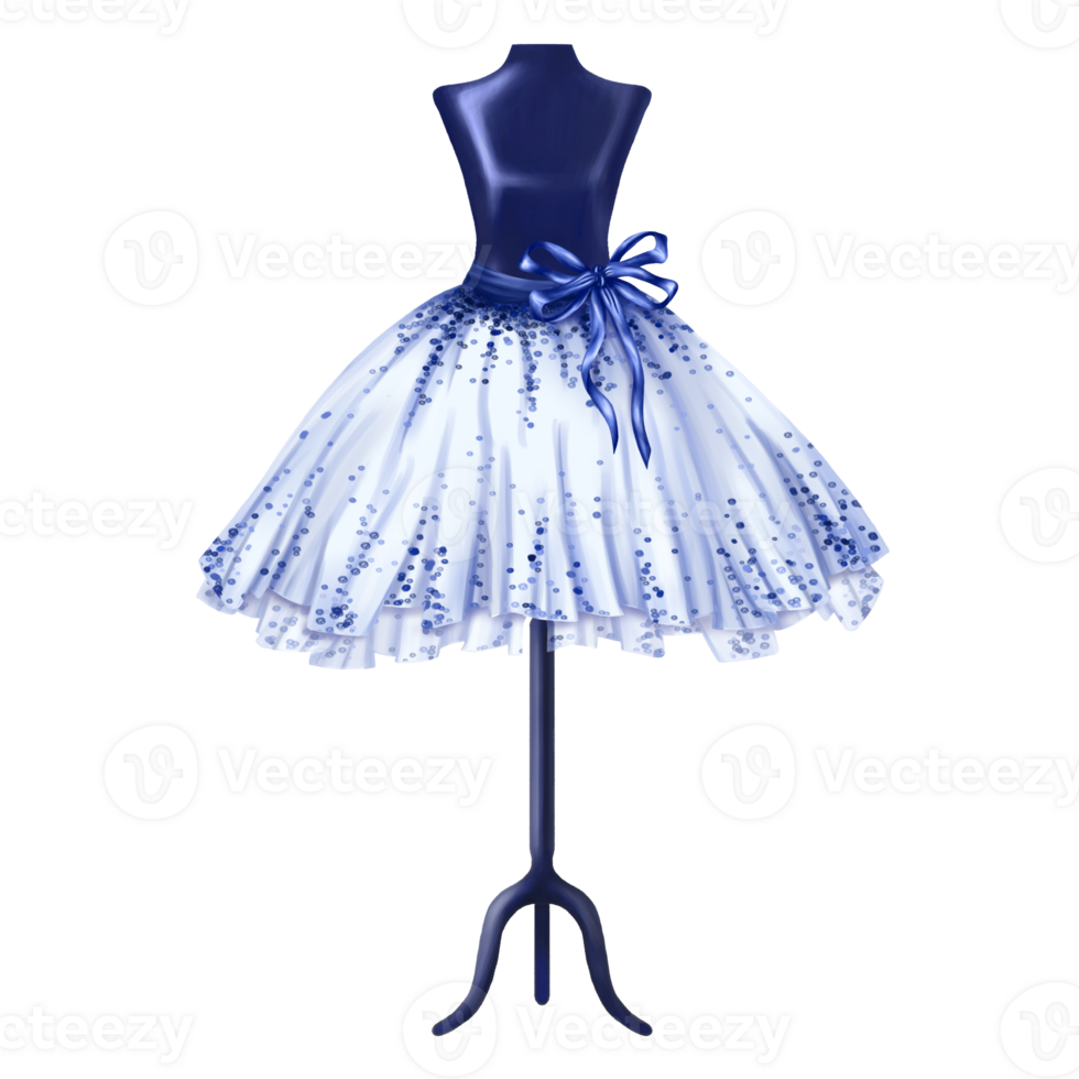 Blue ballet tutu decorated with pebbles and bows. A skirt worn on a mannequin. A theatrical backstage, an atelier, a clothing store, outfit for a fashion show and a masquerade. Digital illustration png