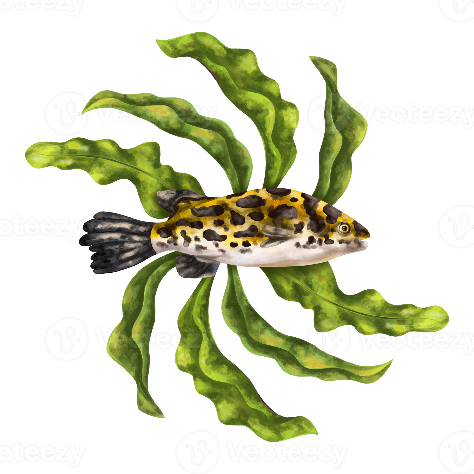 A bright composition with an underwater world. Red coral, seaweed