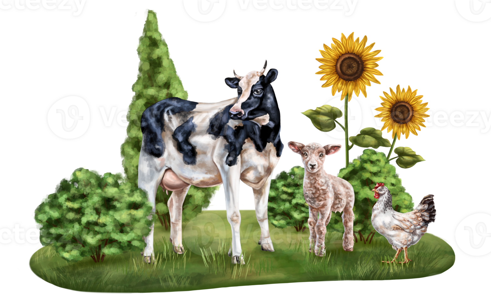 Horizontal composition of cow, lamb and chicken. Farm animals graze in a field with bushes and sunflowers. Digital illustration. Template for design, postcards, posters png