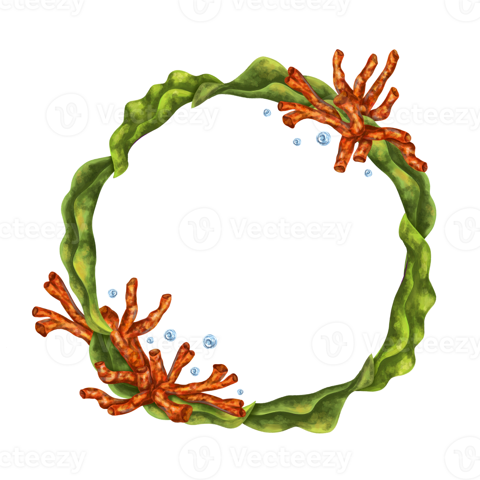 A bright composition with a circular underwater world. Red corals and