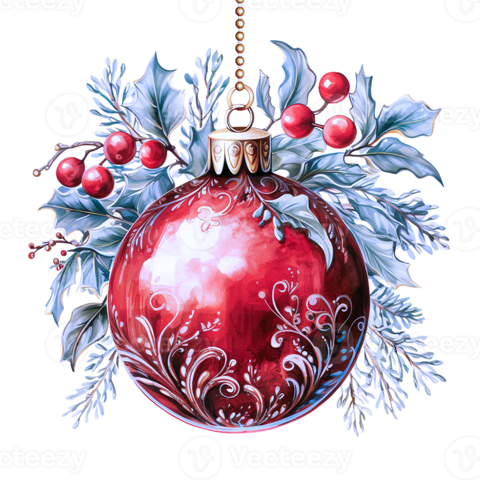 Watercolor Christmas tree decoration isolated on transparent background. AI Generative png