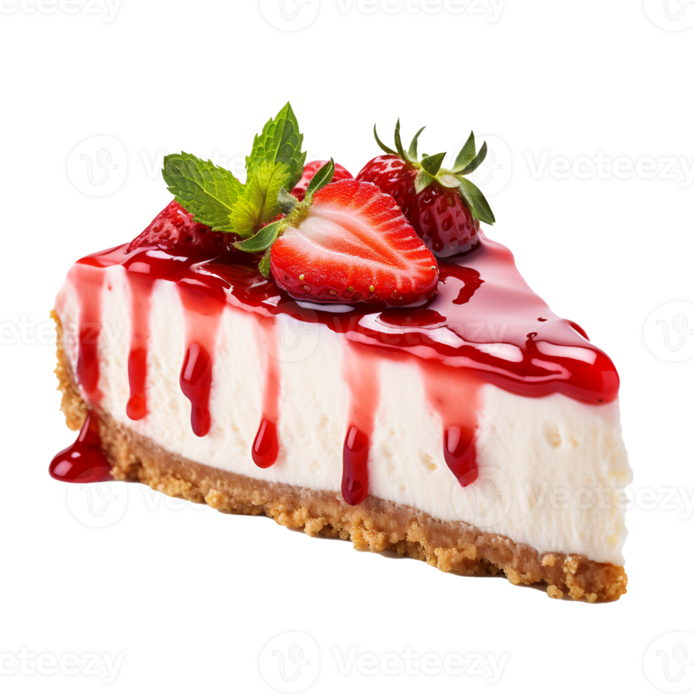 Perfect angled slice of fridge strawberry cheesecake with strawberry topping. AI Generative png