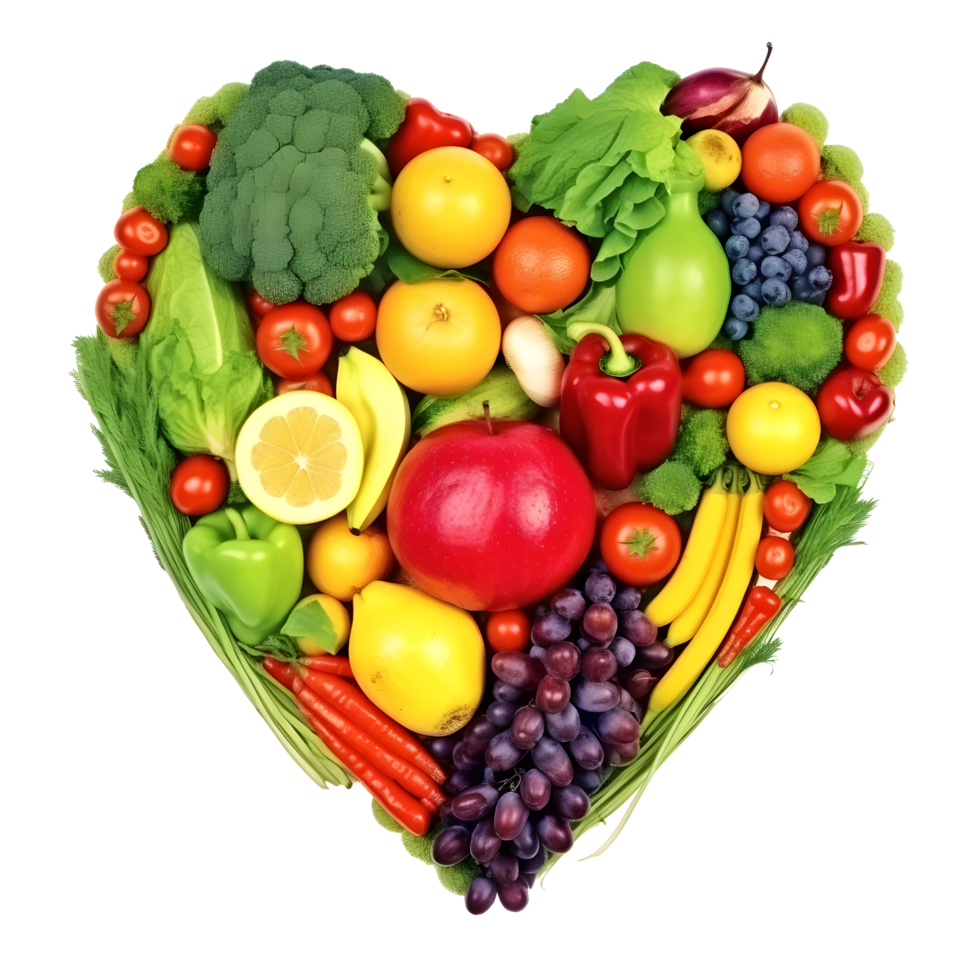 cuore forma fatto di diverso frutta e verdure isolato su trasparente sfondo. png file, tagliare fuori. ai generato