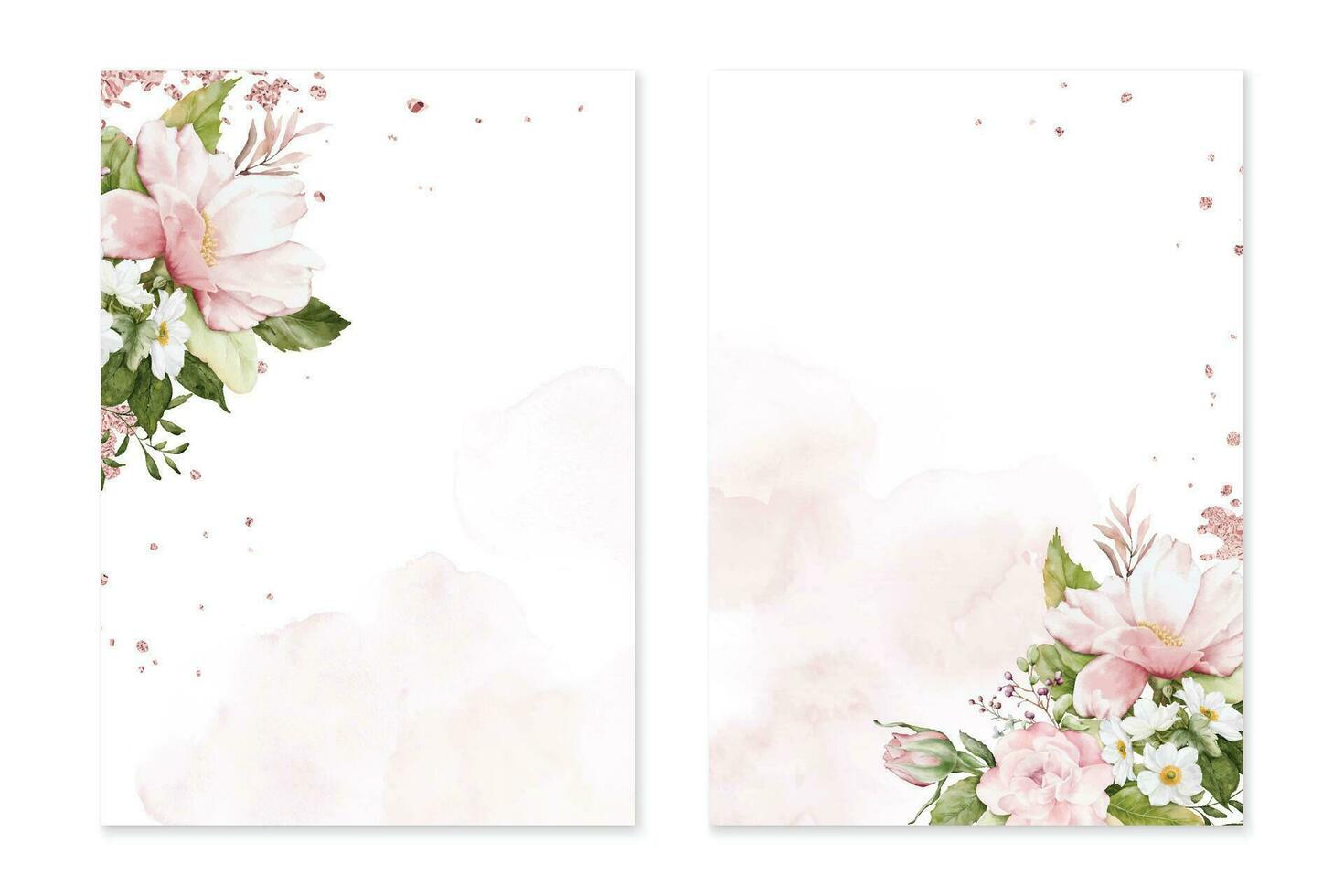 Set of card templates with watercolor pink roses bouquets on stains vector