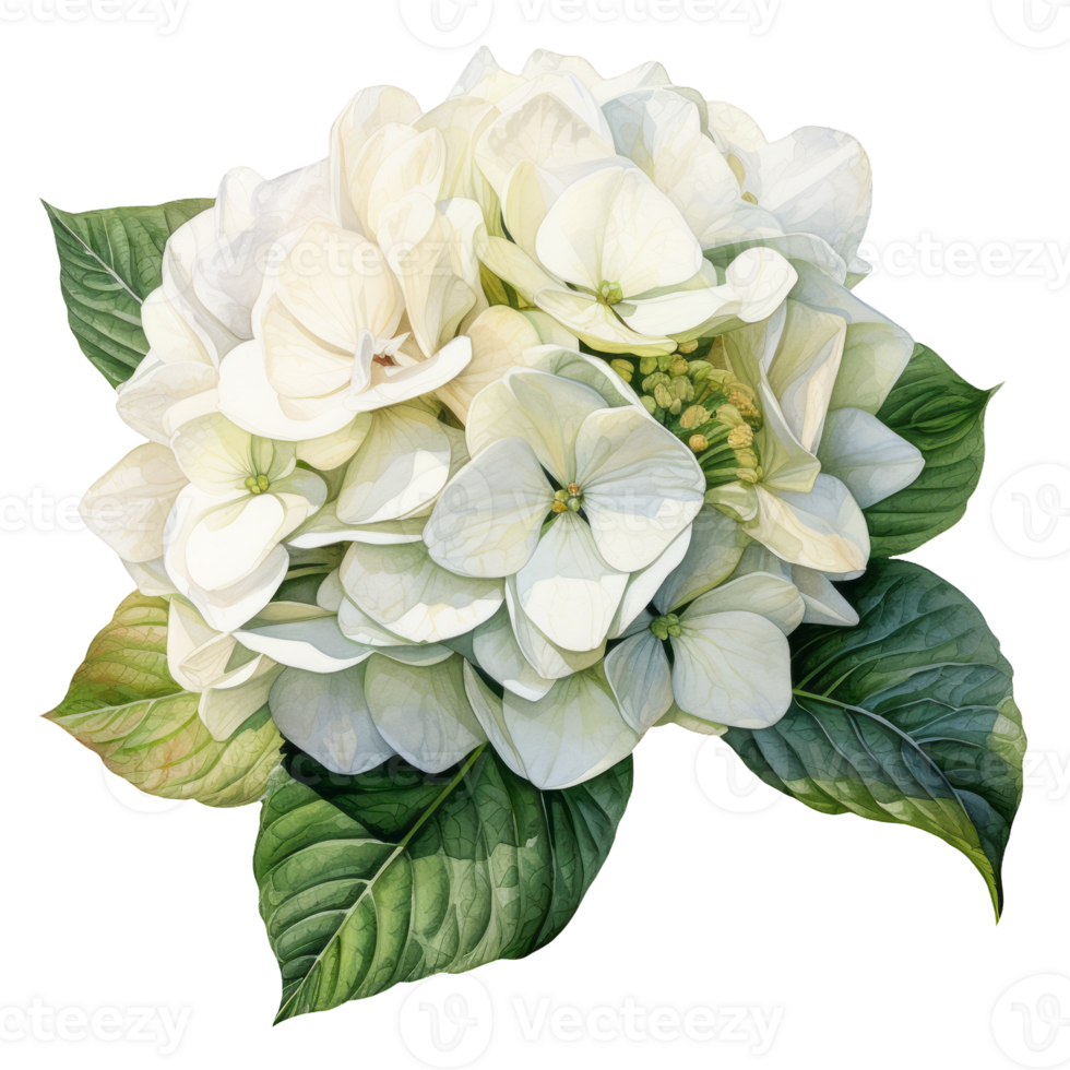 Watercolor illustration of a white hydrangea flower. AI Generative Pro PNG