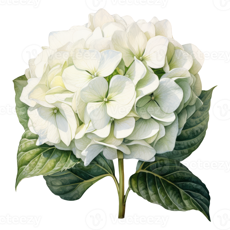 Watercolor illustration of a white hydrangea flower. AI Generative Pro PNG