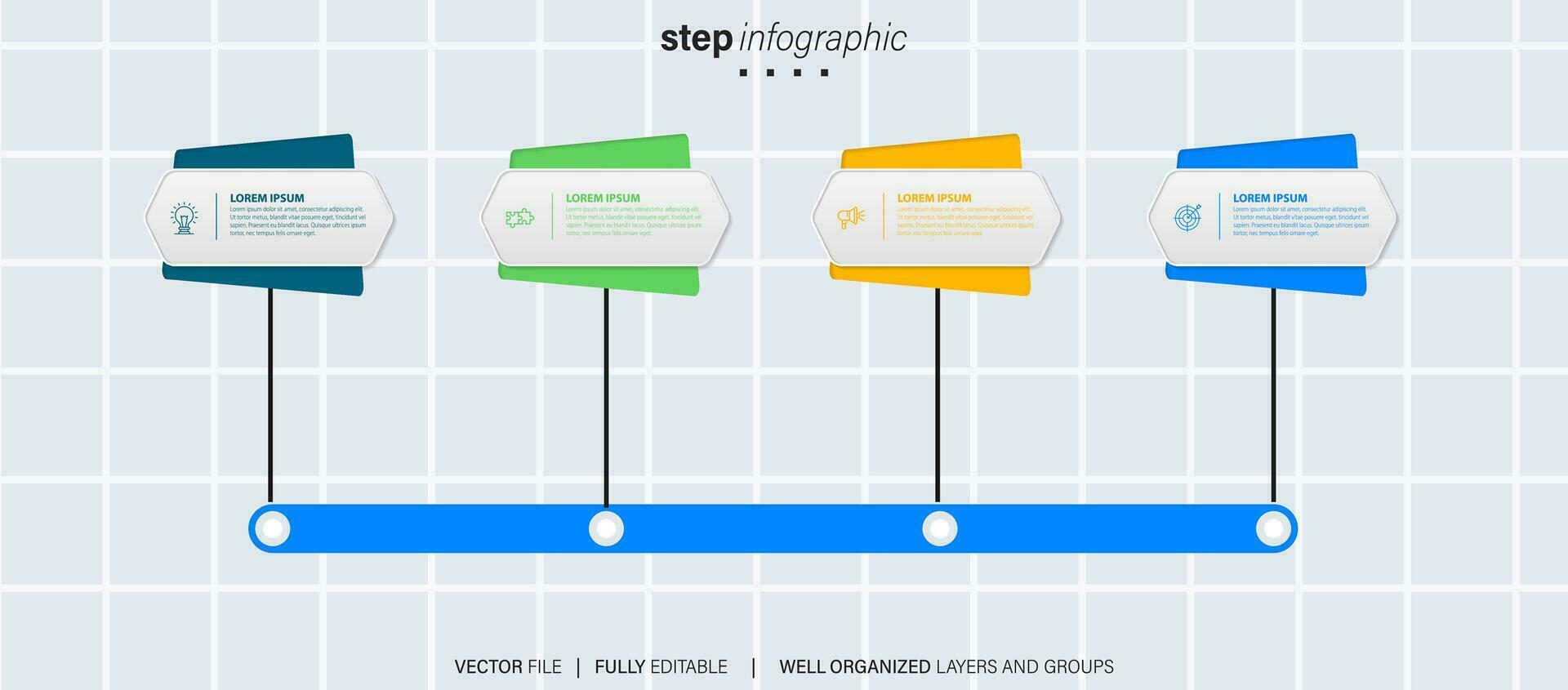 cronograma infografía con infográfico. moderno presentación modelo con 4 4 mascotas para negocio proceso. sitio web modelo en blanco antecedentes para concepto moderno diseño. horizontal disposición. vector