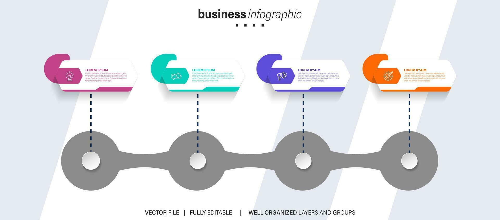 Timeline infographic with infochart. Modern presentation template with 4 spets for business process. Website template on white background for concept modern design. Horizontal layout. vector
