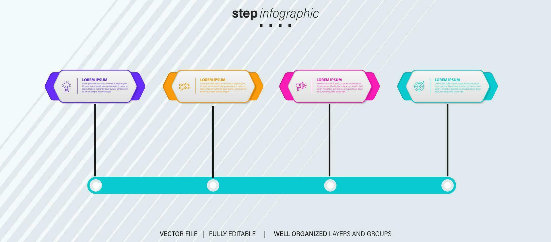 Timeline infographic with infochart. Modern presentation template with 4 spets for business process. Website template on white background for concept modern design. Horizontal layout. vector