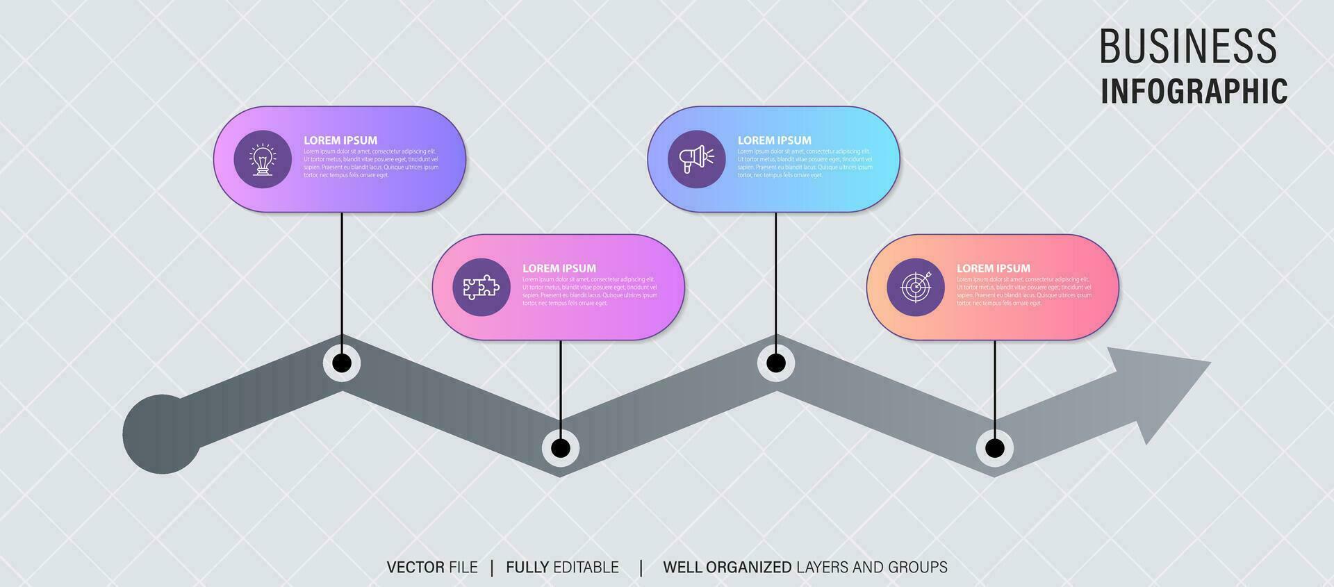 Timeline infographic with infochart. Modern presentation template with 4 spets for business process. Website template on white background for concept modern design. Horizontal layout. vector