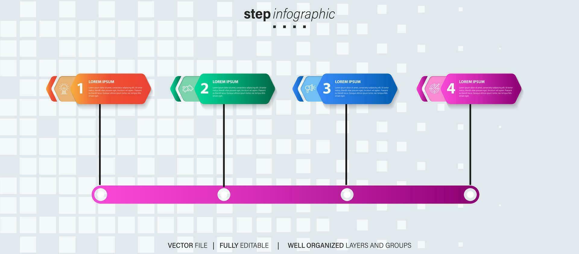 Timeline infographic with infochart. Modern presentation template with 4 spets for business process. Website template on white background for concept modern design. Horizontal layout. vector