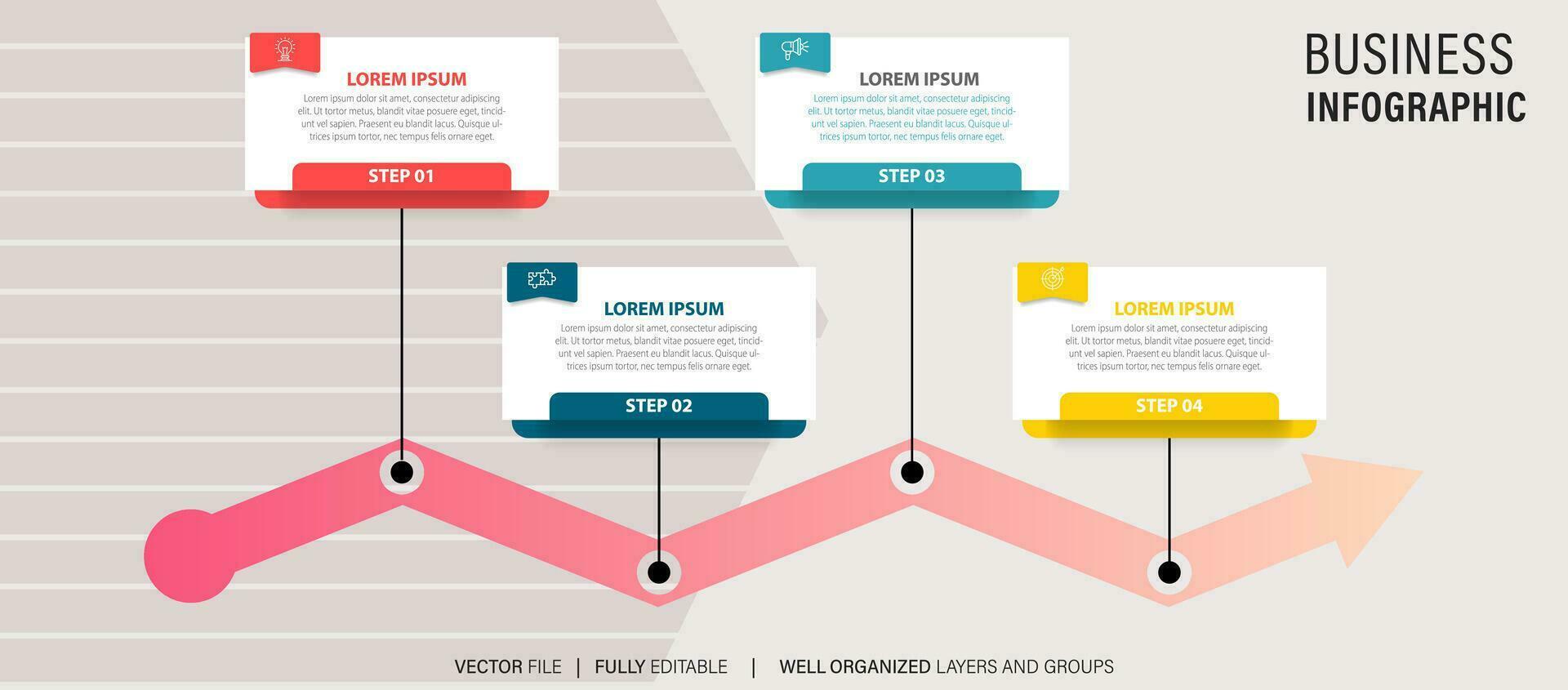 Modern business infographic for company milestones timeline template with flat icons. Easy to use for your website or presentation. vector