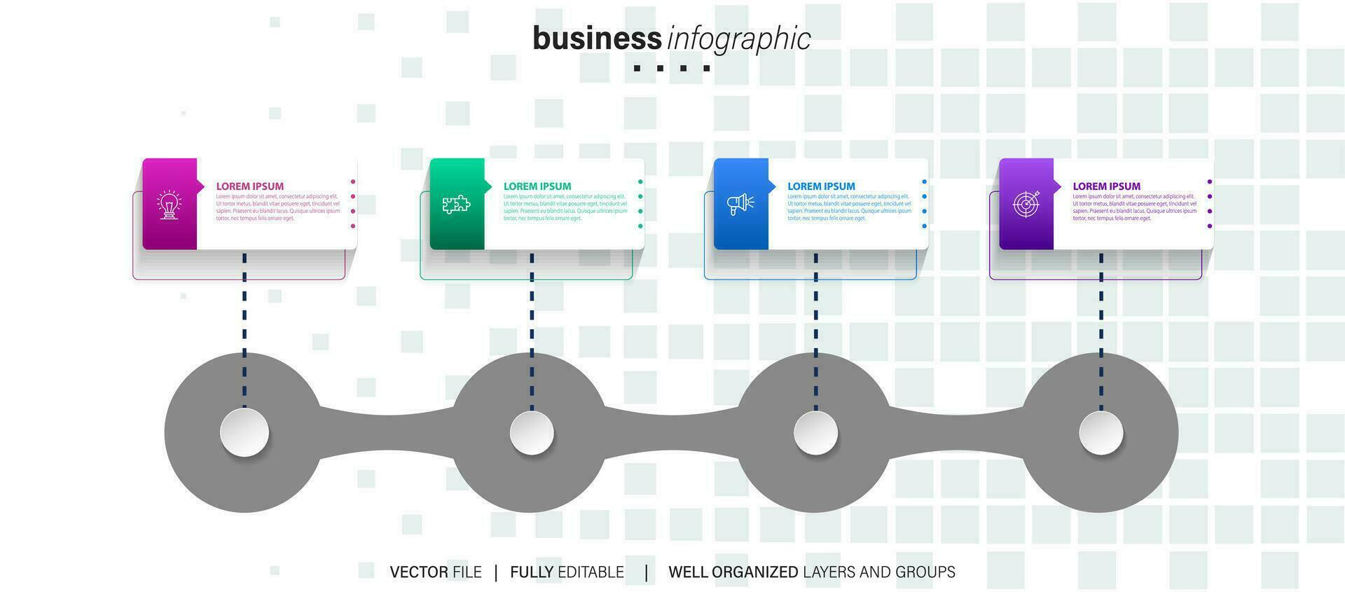 plantilla de infografía empresarial. línea de tiempo con 4 pasos, círculos, opciones e iconos de marketing. elementos infográficos lineales vectoriales. vector