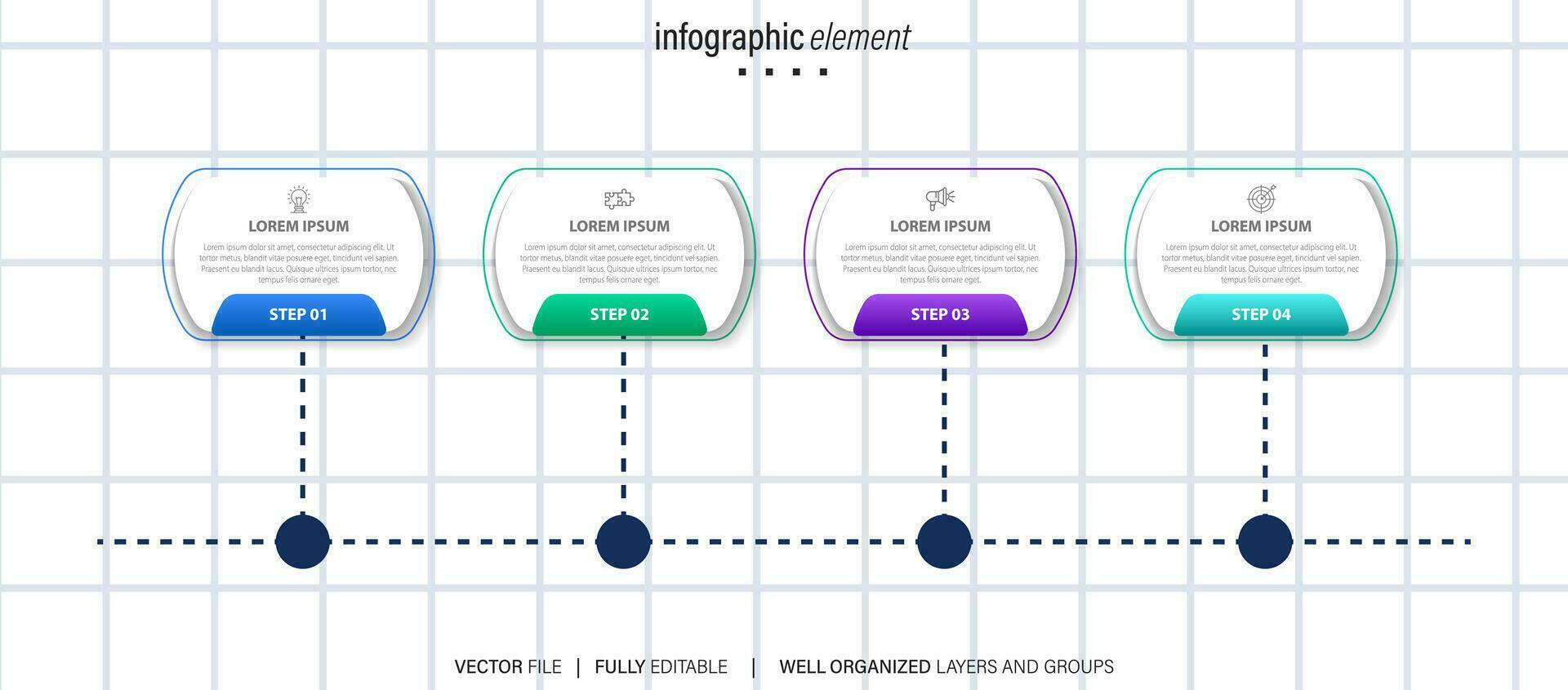 Vector infographic template with label, integrated button. Business concept with 4 options. For content, diagram, flowchart, steps, parts, timeline infographics, workflow, chart.