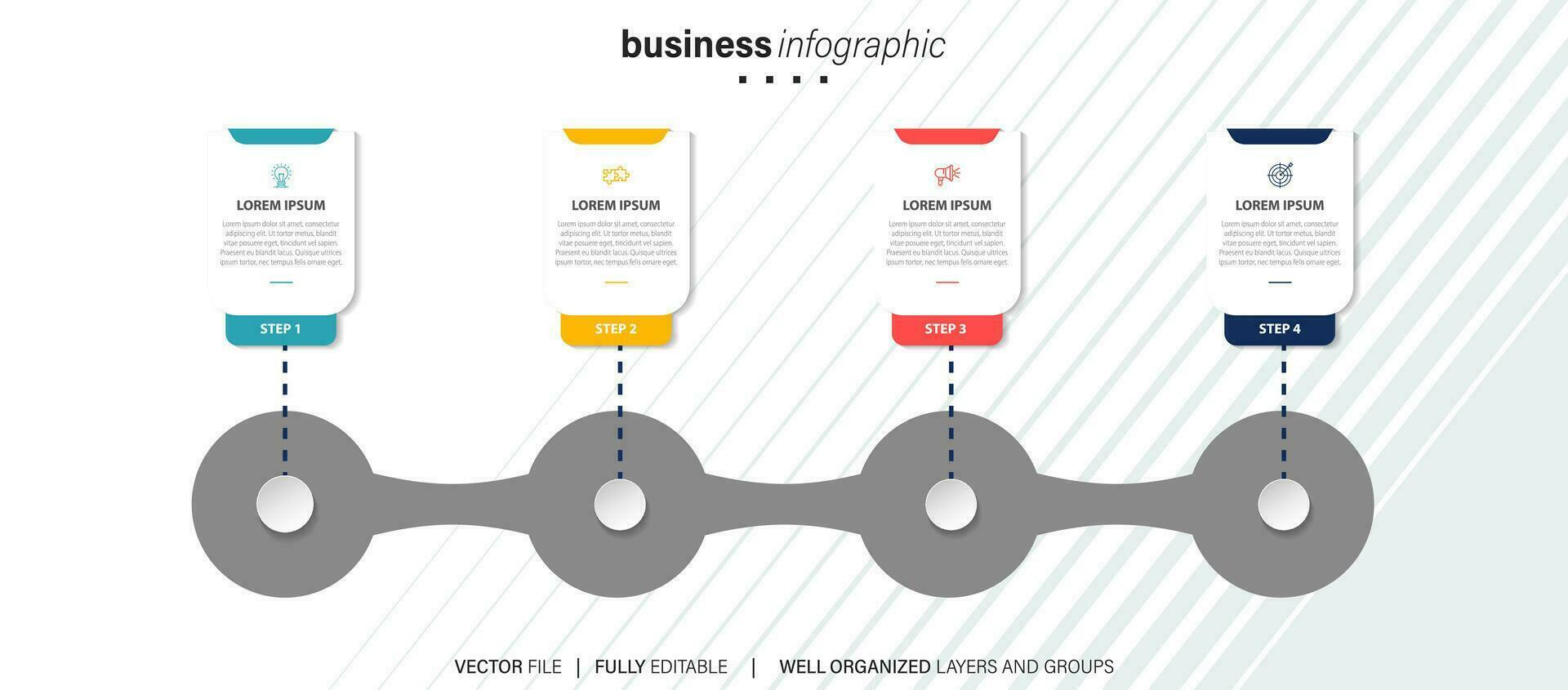 pasos diseño de plantilla infográfica de proceso de línea de tiempo de visualización de datos comerciales con iconos vector