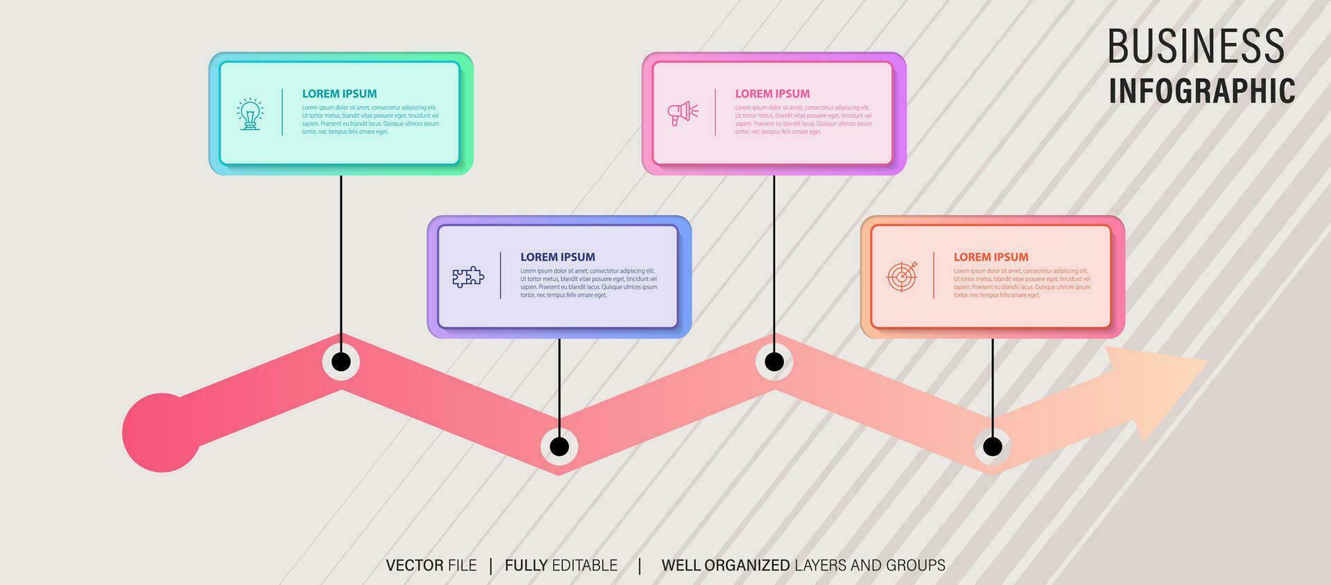 plantilla de infografía empresarial. línea de tiempo con 4 pasos, círculos, opciones e iconos de marketing. elementos infográficos lineales vectoriales. vector