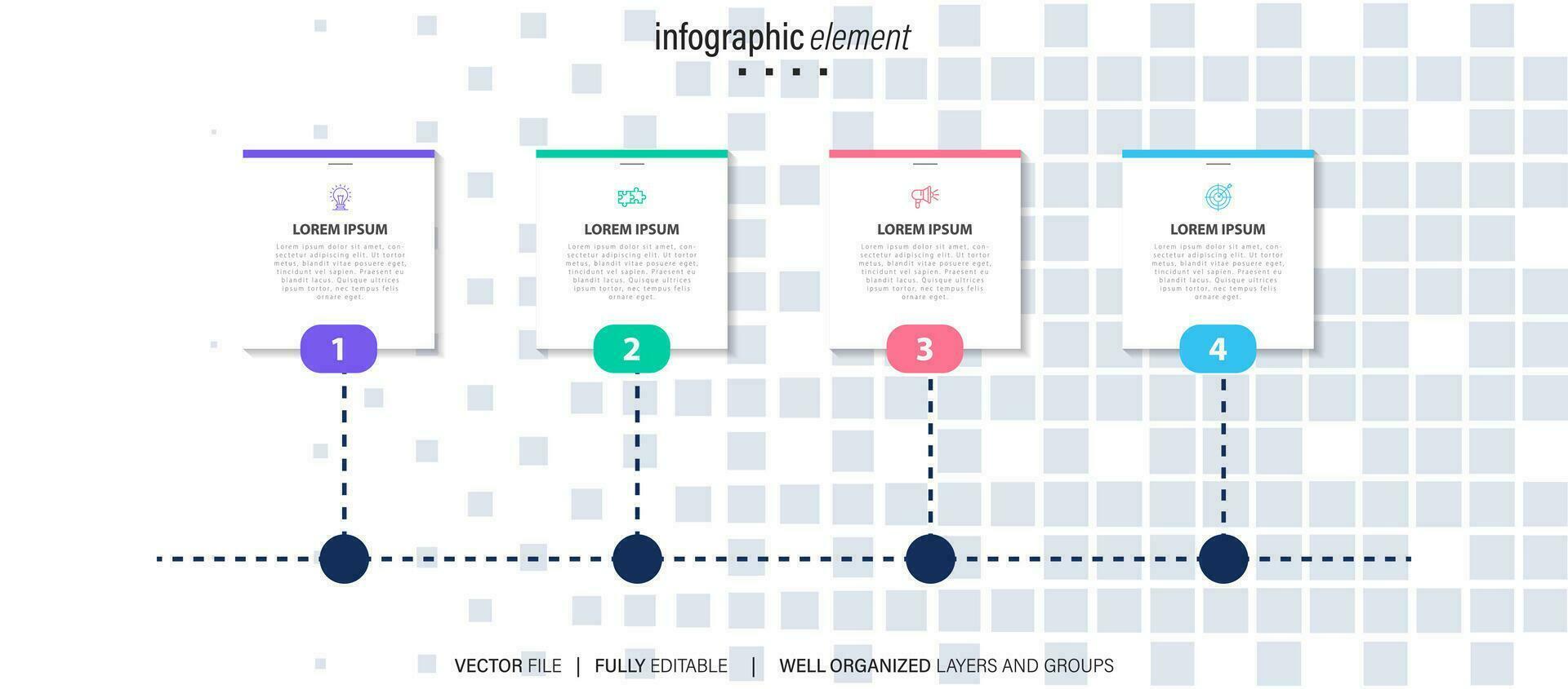 vector infografía modelo con etiqueta, integrado botón. negocio concepto con 4 4 opciones para contenido, diagrama, diagrama de flujo, pasos, partes, cronograma infografía, flujo de trabajo, cuadro.