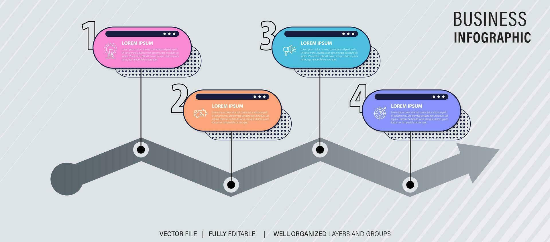 Timeline infographic with infochart. Modern presentation template with 4 spets for business process. Website template on white background for concept modern design. Horizontal layout. vector