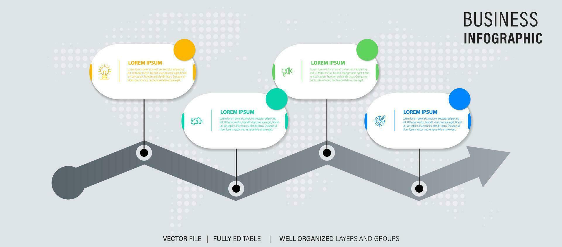 Timeline infographic with infochart. Modern presentation template with 4 spets for business process. Website template on white background for concept modern design. Horizontal layout. vector