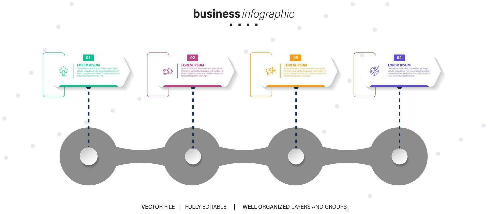 Timeline infographic with infochart. Modern presentation template with 4 spets for business process. Website template on white background for concept modern design. Horizontal layout. vector