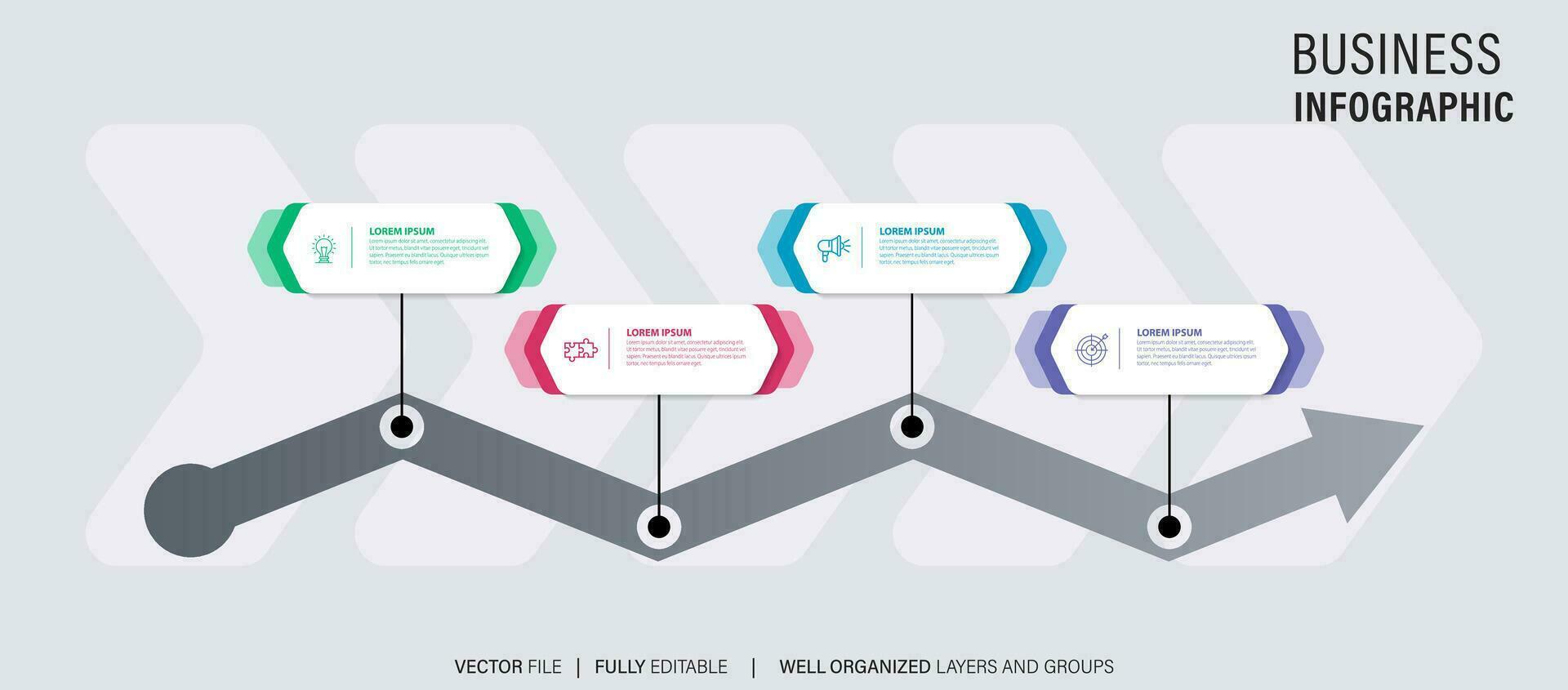 Timeline infographic with infochart. Modern presentation template with 4 spets for business process. Website template on white background for concept modern design. Horizontal layout. vector