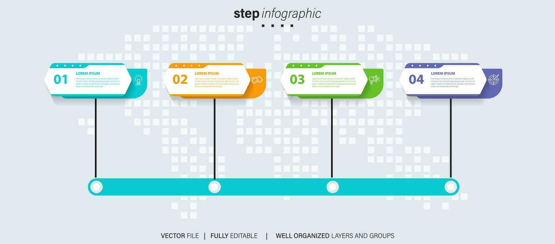 Timeline infographic with infochart. Modern presentation template with 4 spets for business process. Website template on white background for concept modern design. Horizontal layout. vector