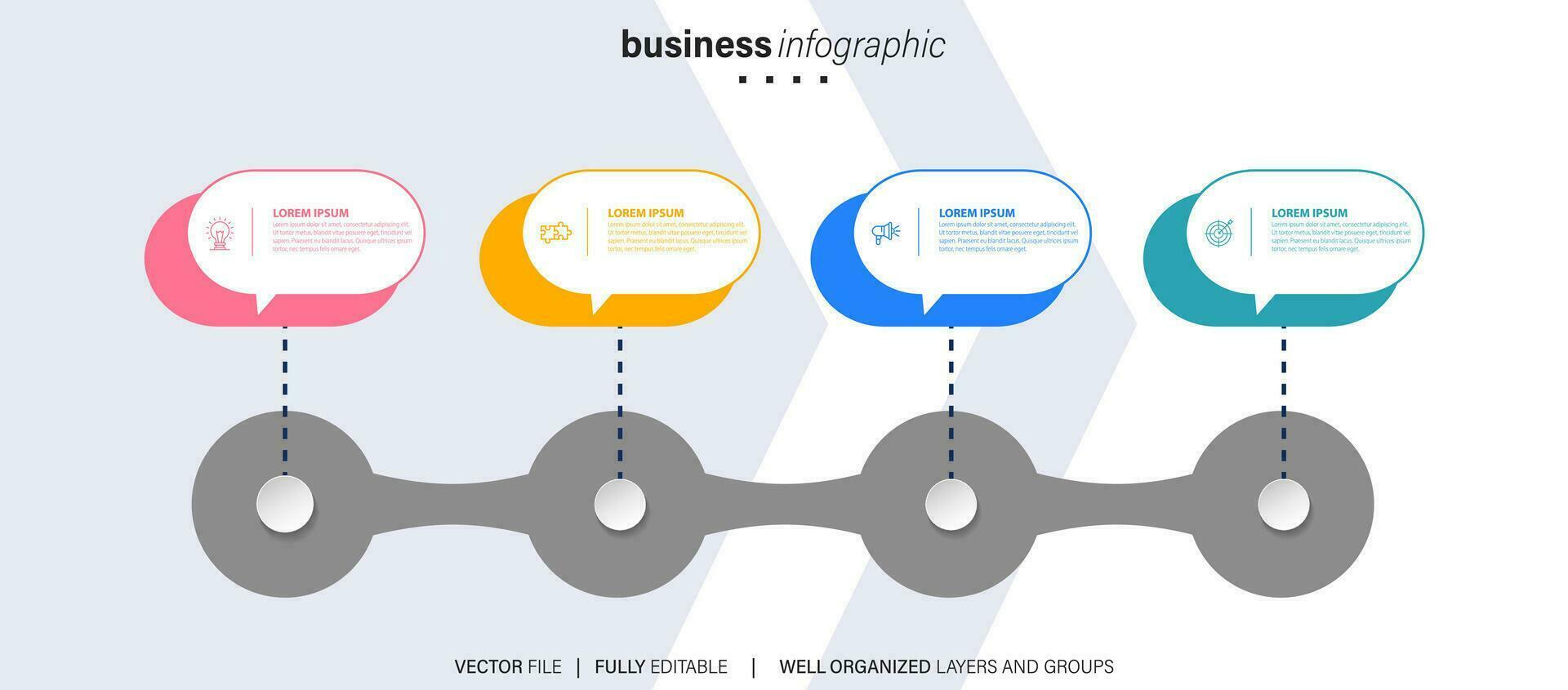 Timeline infographic with infochart. Modern presentation template with 4 spets for business process. Website template on white background for concept modern design. Horizontal layout. vector