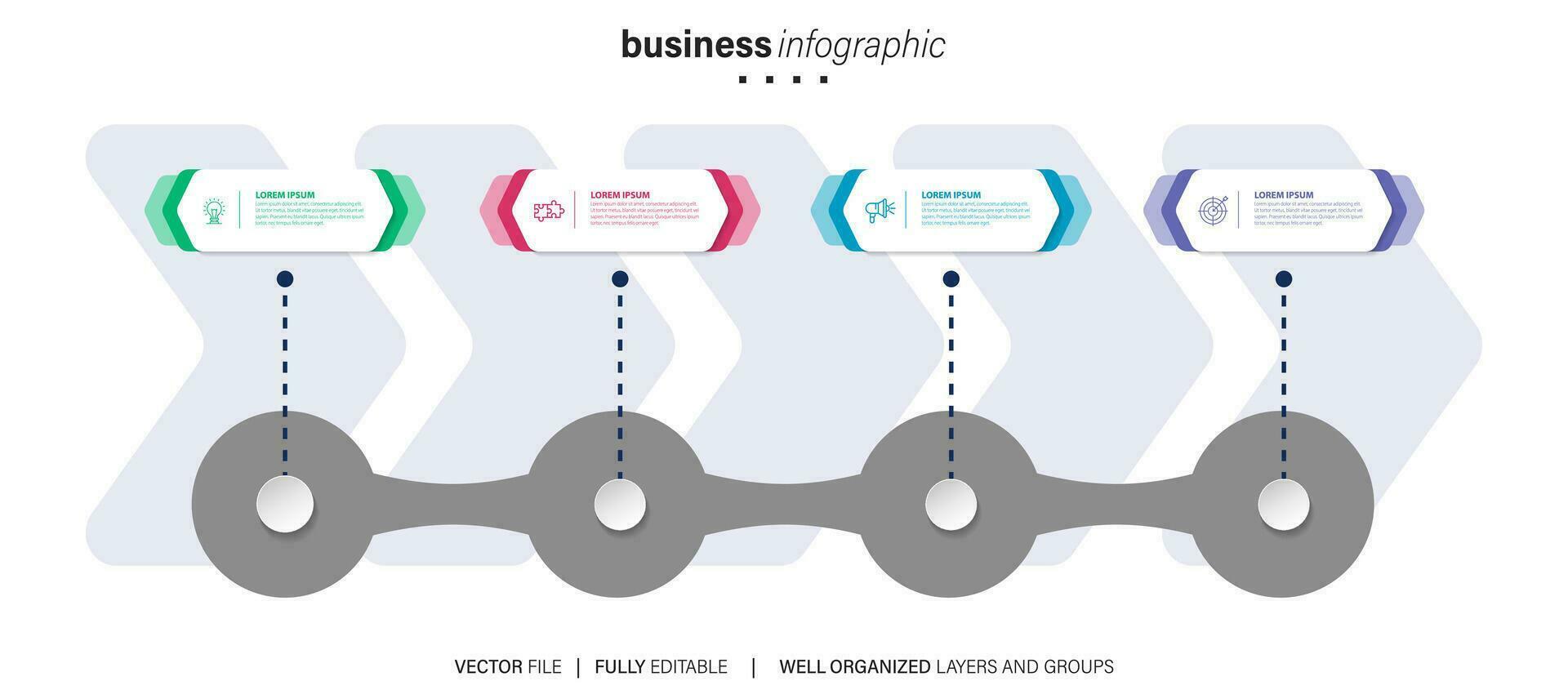 Timeline infographic with infochart. Modern presentation template with 4 spets for business process. Website template on white background for concept modern design. Horizontal layout. vector