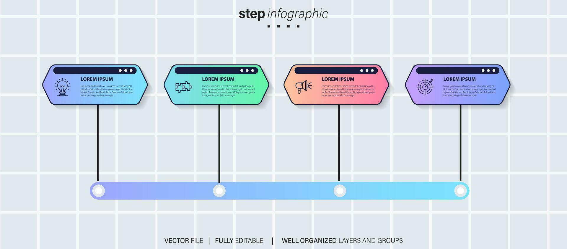 Timeline infographic with infochart. Modern presentation template with 4 spets for business process. Website template on white background for concept modern design. Horizontal layout. vector