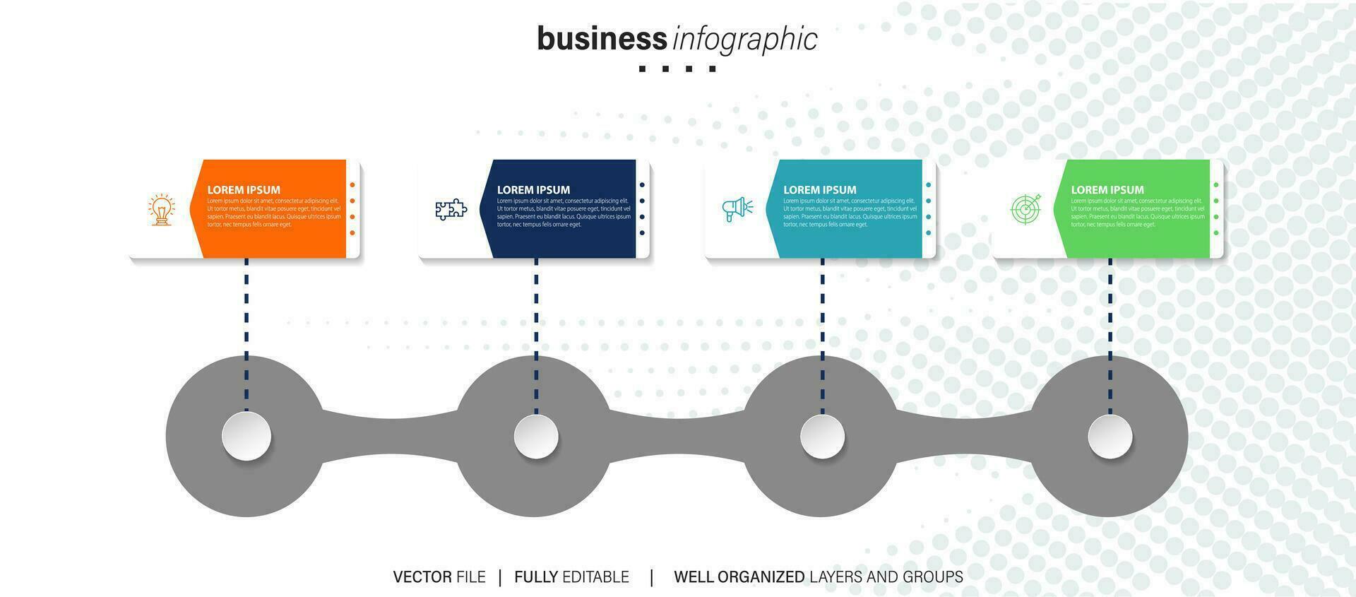 plantilla de infografía empresarial. línea de tiempo con 4 pasos, círculos, opciones e iconos de marketing. elementos infográficos lineales vectoriales. vector