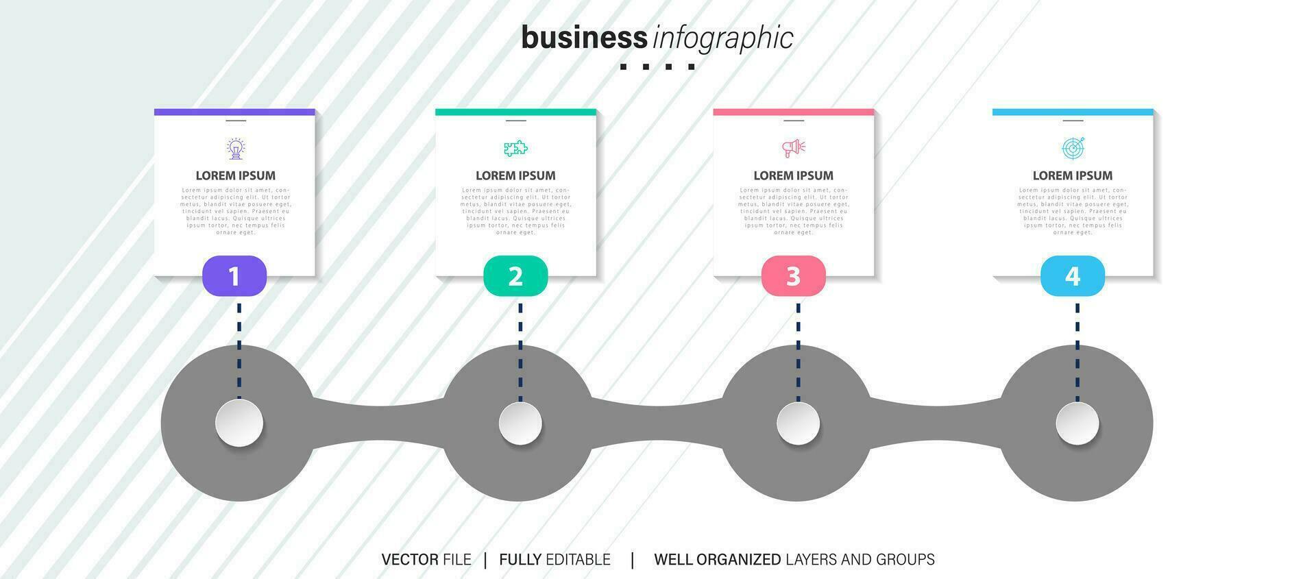 pasos diseño de plantilla infográfica de proceso de línea de tiempo de visualización de datos comerciales con iconos vector