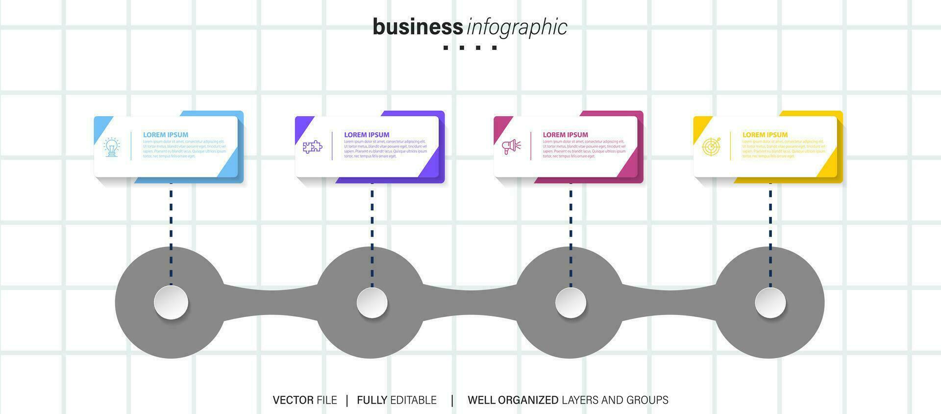 plantilla de infografía empresarial. línea de tiempo con 4 pasos, círculos, opciones e iconos de marketing. elementos infográficos lineales vectoriales. vector