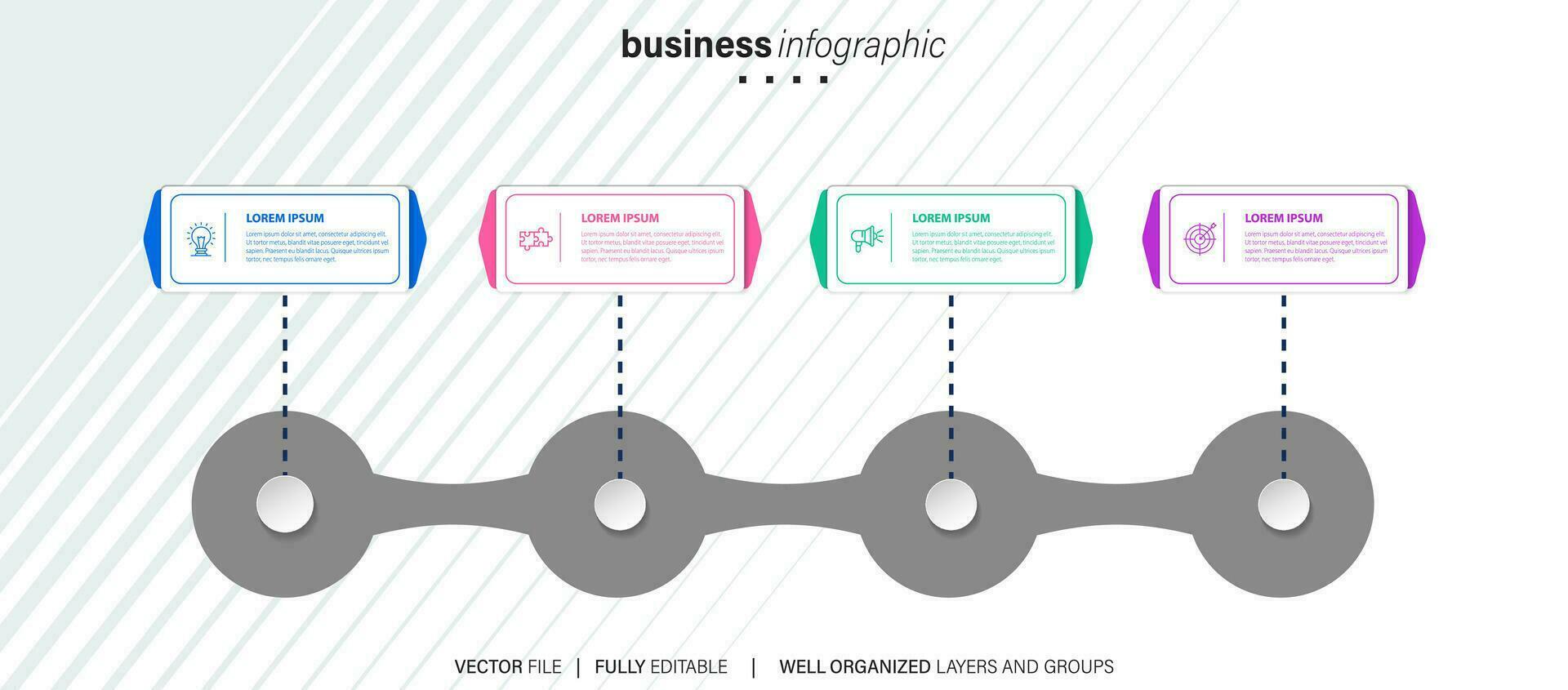 plantilla de infografía empresarial. línea de tiempo con 4 pasos, círculos, opciones e iconos de marketing. elementos infográficos lineales vectoriales. vector