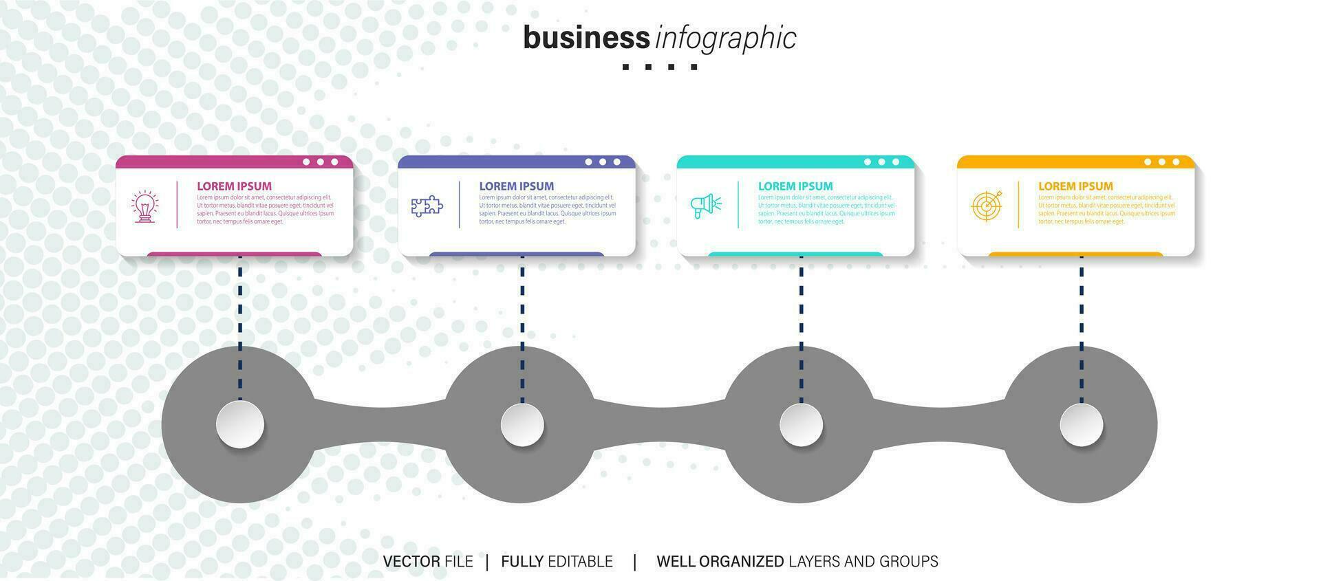 plantilla de infografía empresarial. línea de tiempo con 4 pasos, círculos, opciones e iconos de marketing. elementos infográficos lineales vectoriales. vector