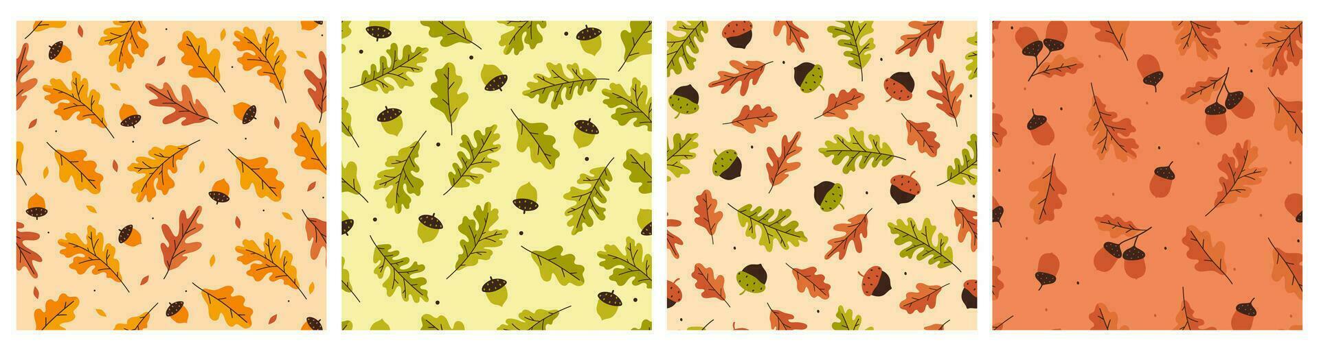 Collection of autumn seamless patterns with acorns and oak leaves. Vector graphics.