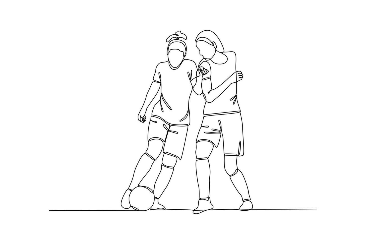 Continuous one line drawing Funny female football players concept. Doodle vector illustration.