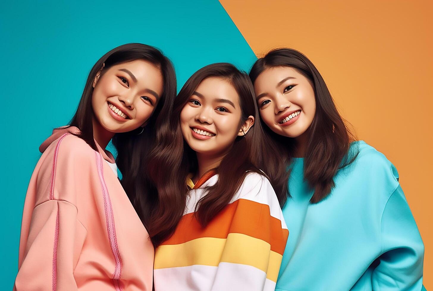 A group of Asian gen z models posing in modern Bold Modern style outfits photo