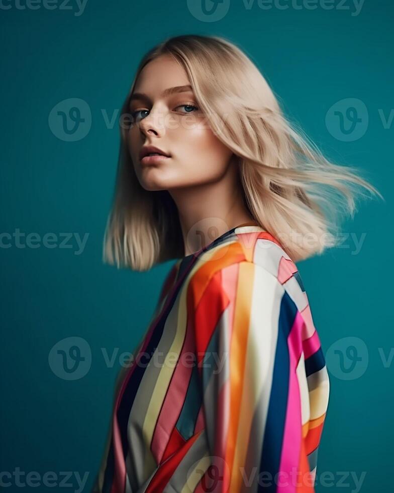 a female fashion model in modern style outfits, photo