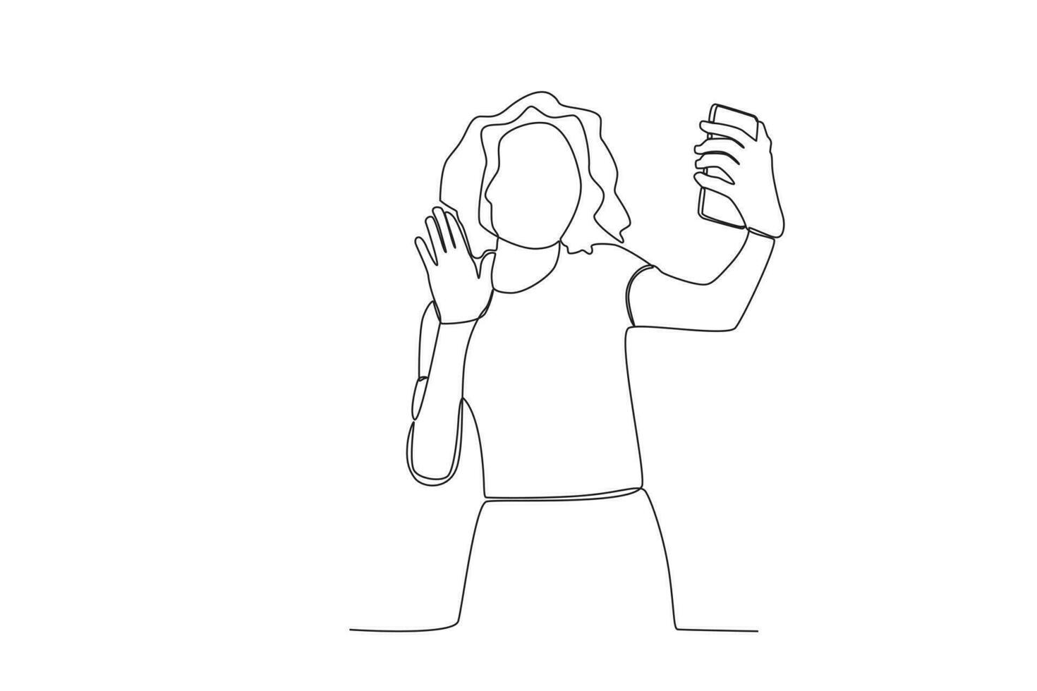 One continuous line drawing of a female vlogger with curly hair greeting her followers vector