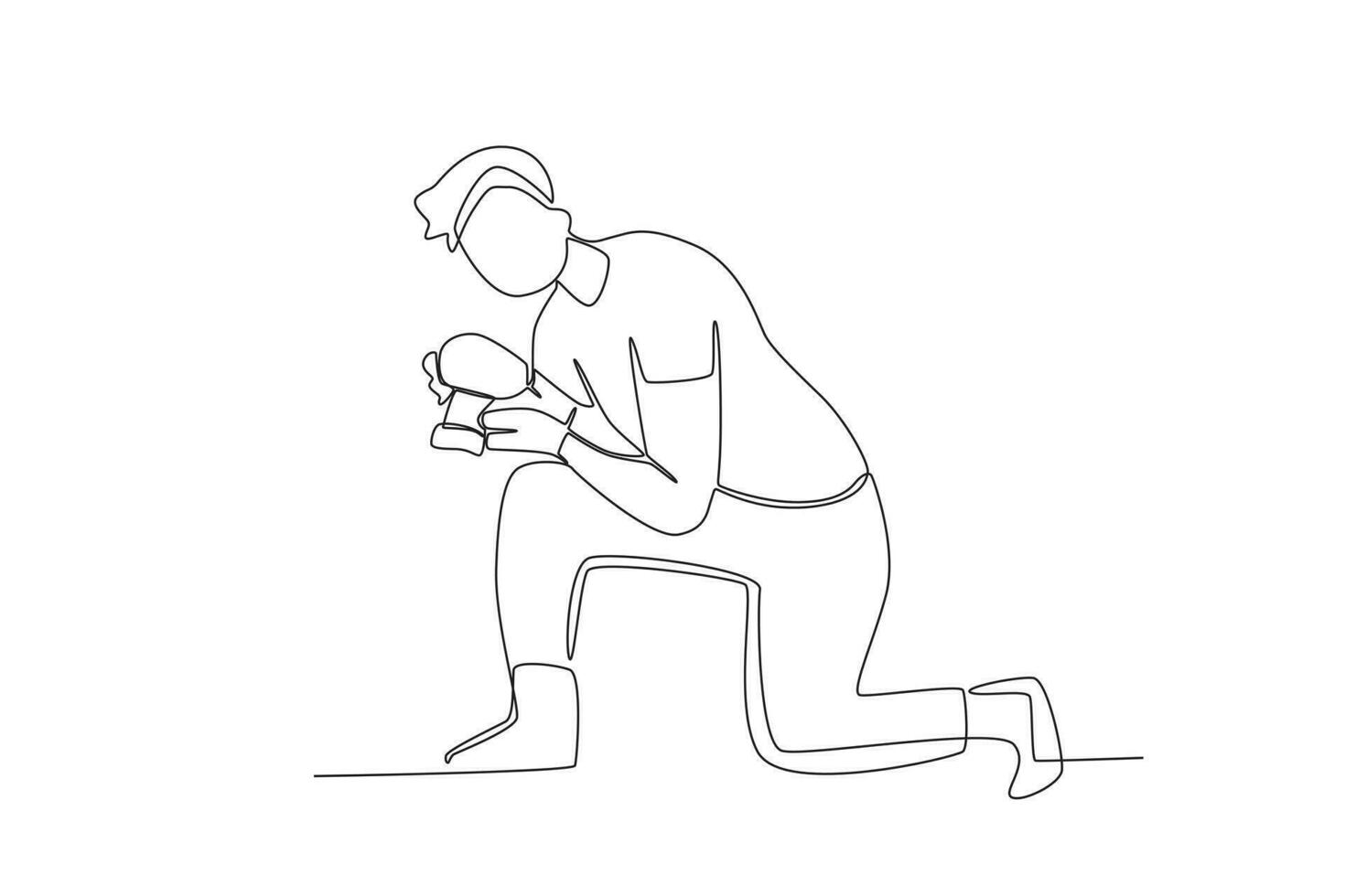 One continuous line drawing of a male photographer taking photos from below by squatting vector