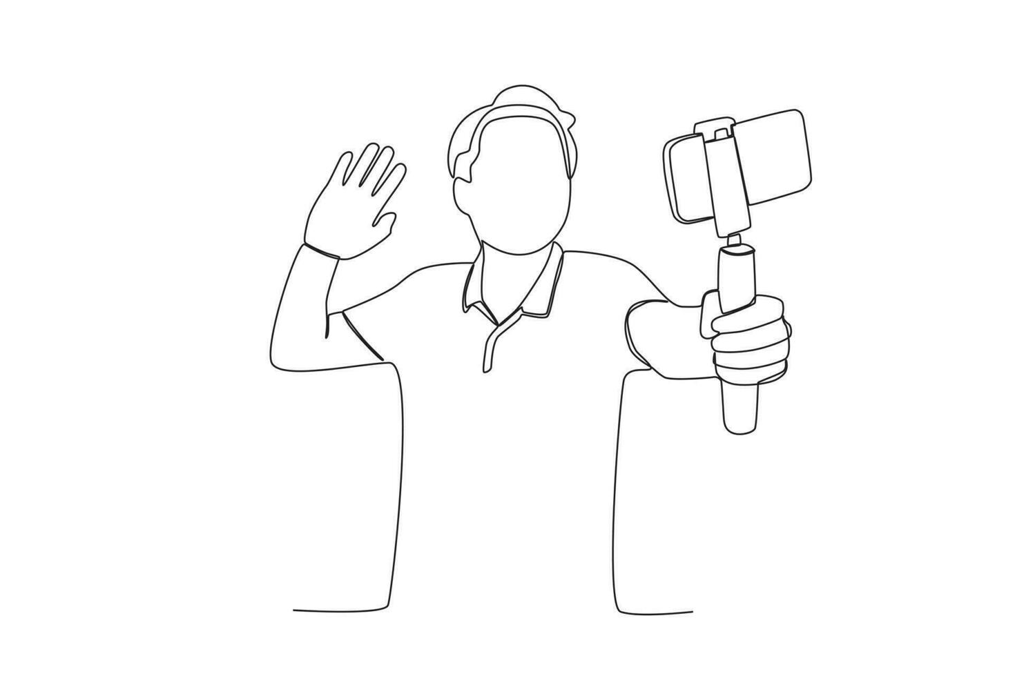 One continuous line drawing of a male vlogger who uses a mobile phone and a selfie stick greets his followers vector