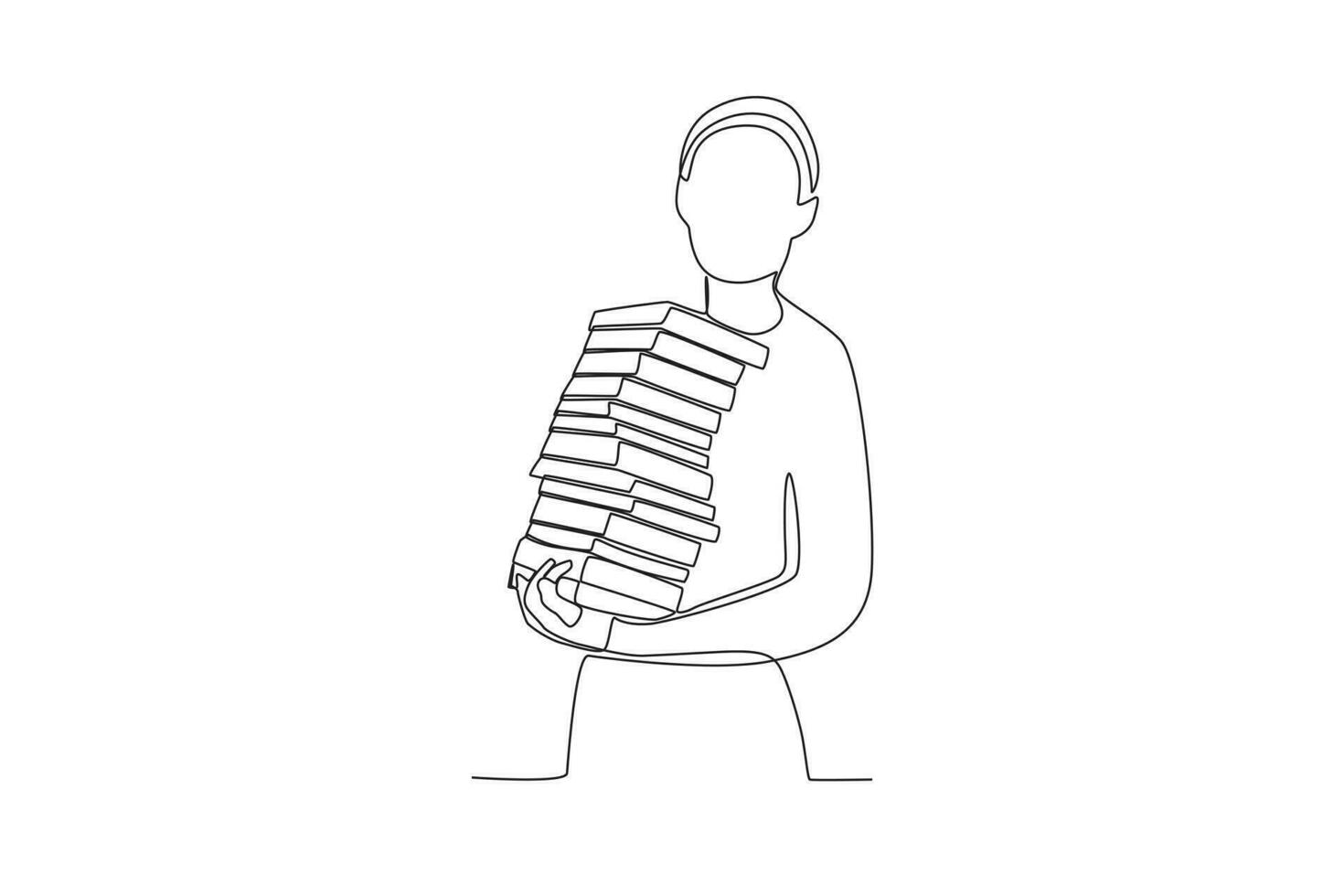 One continuous line drawing of a female librarian is compiling books vector