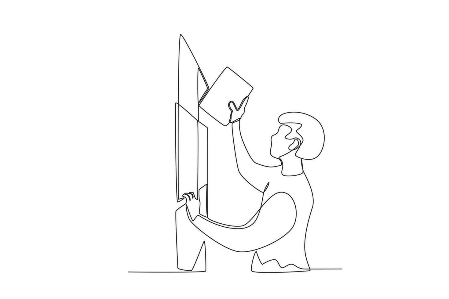 One continuous line drawing of a library patrons return books to bookshelves vector
