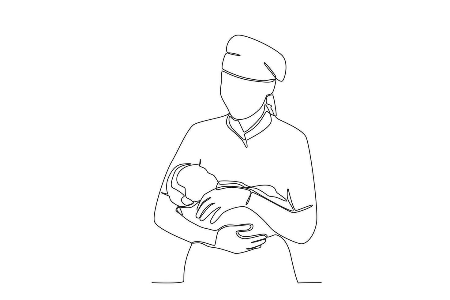 One single line drawing of a midwife holding baby vector